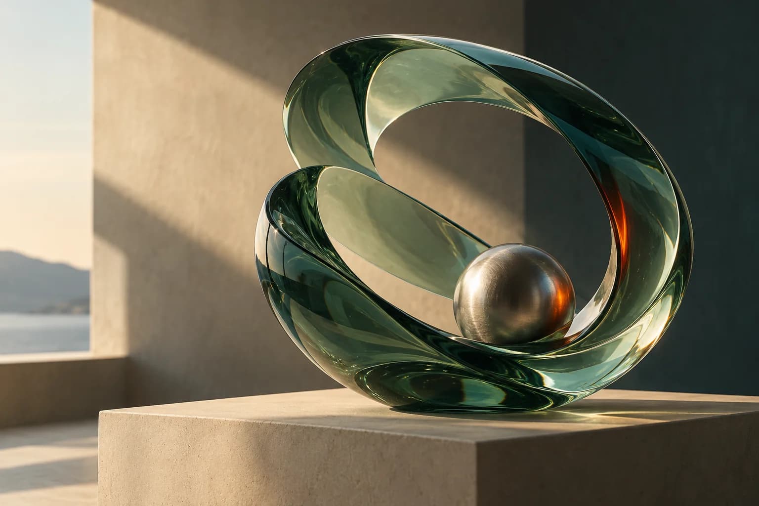 Original glass and metal orbital sculpture in warm architectural light.